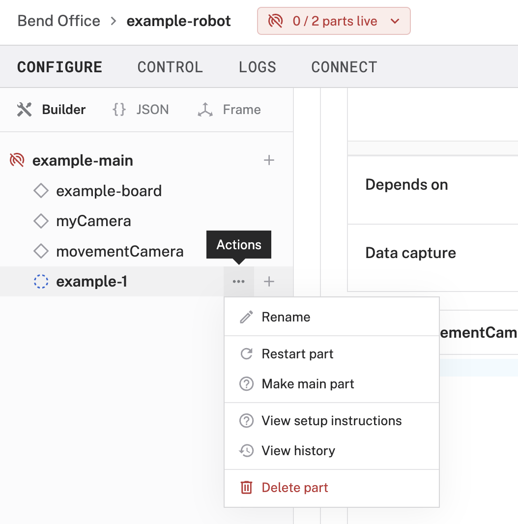 The part actions dropdown open. Options include rename, restart part, make main part, view setup instructions, view history, and delete part.